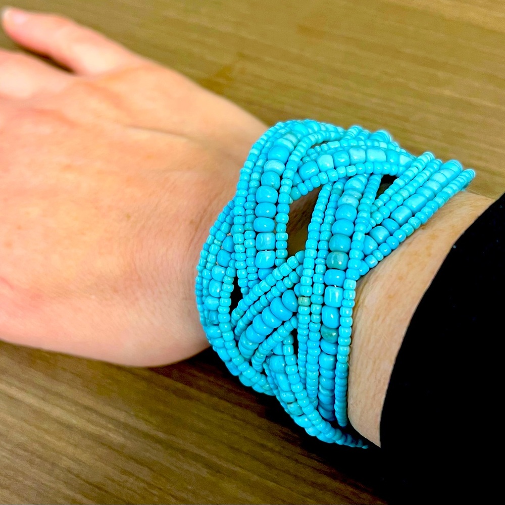 Elegant Woven Turquoise Beaded Cuff Expandable Bracelet